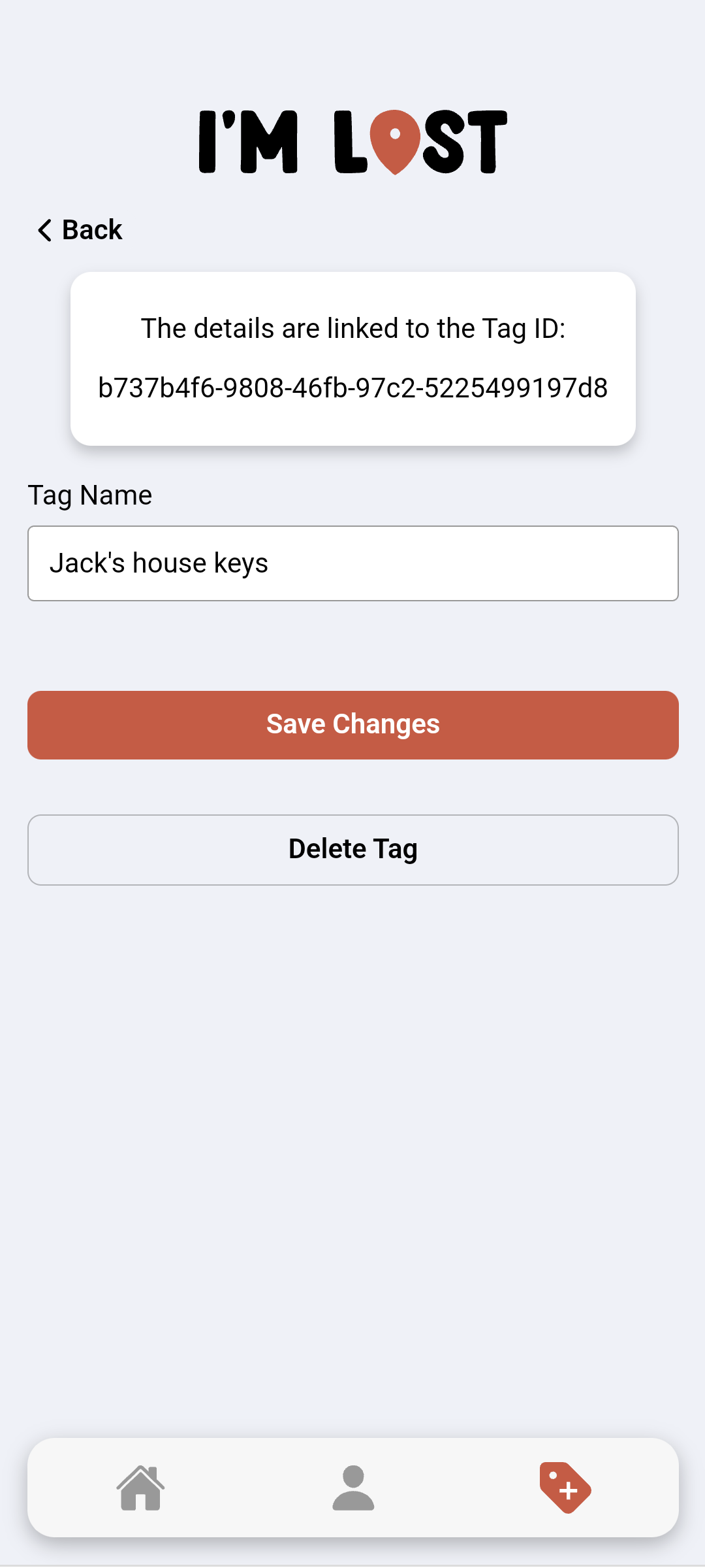 Screenshot showing tag naming inside the I'm Lost app